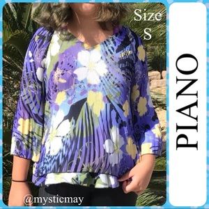 PIANO Purple w Black Floral Accordion Pleat Bell Sleeve Blouse Boho Top Size S